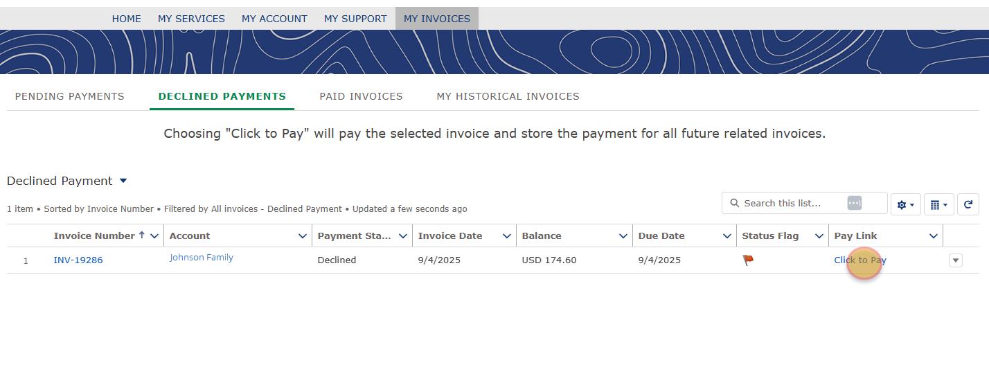 Customer Portal invoice payment screen showing "Click to Pay" option